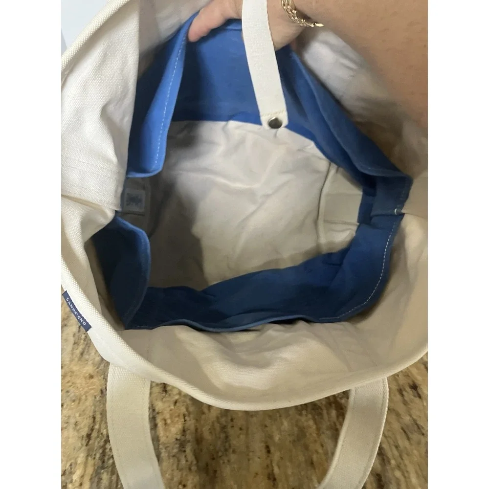 Vintage Lands End Tote 90s Blue White Canvas Large 5 Pocket Double Handle